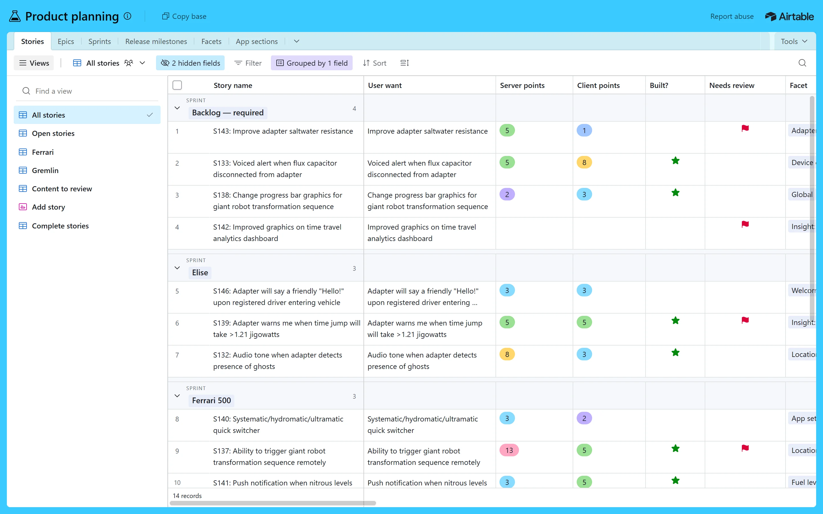 Real Airtable grid view: Product planning base, All stories grouped by sprint