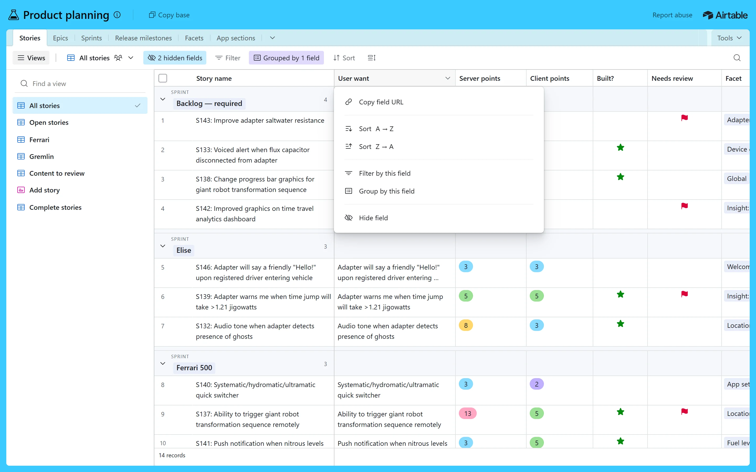 Live Airtable field (column) menu