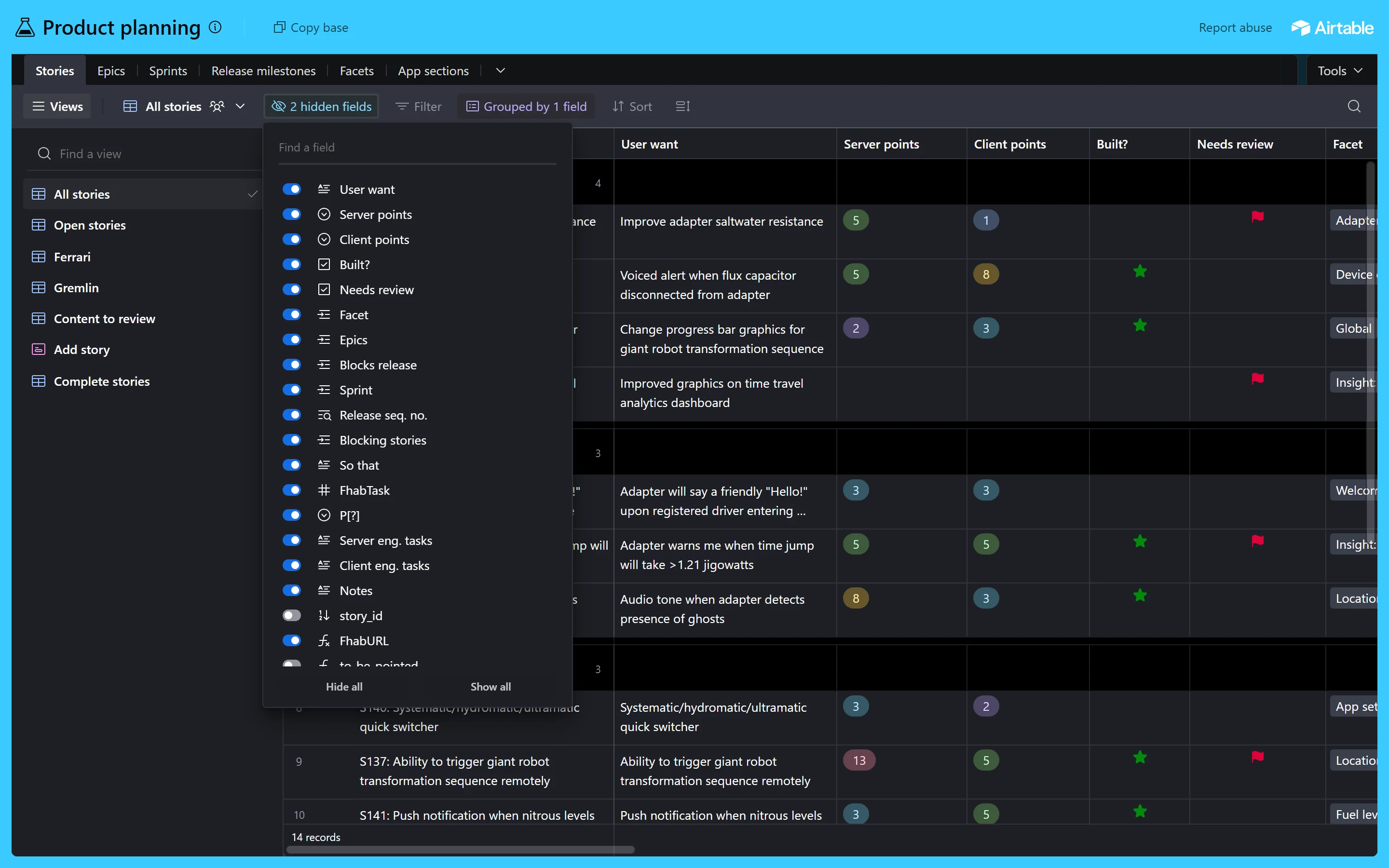 Live Airtable hide fields menu in dark mode