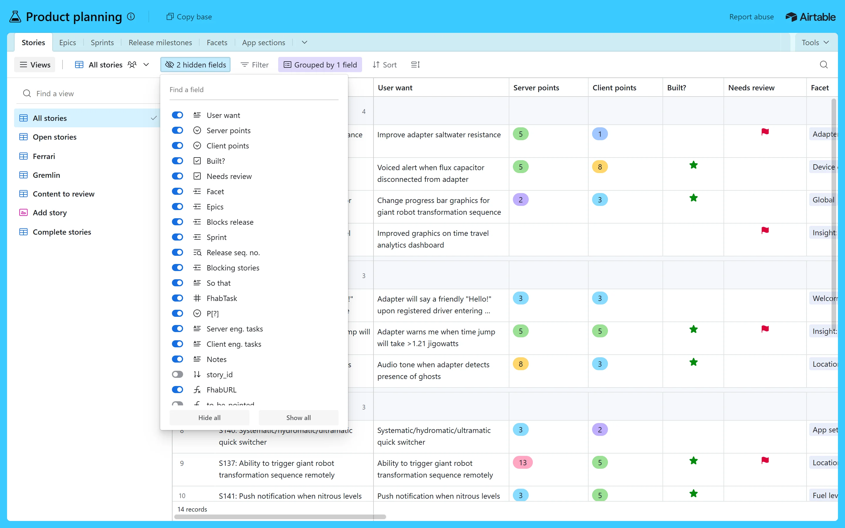 Live Airtable hide fields menu with switches