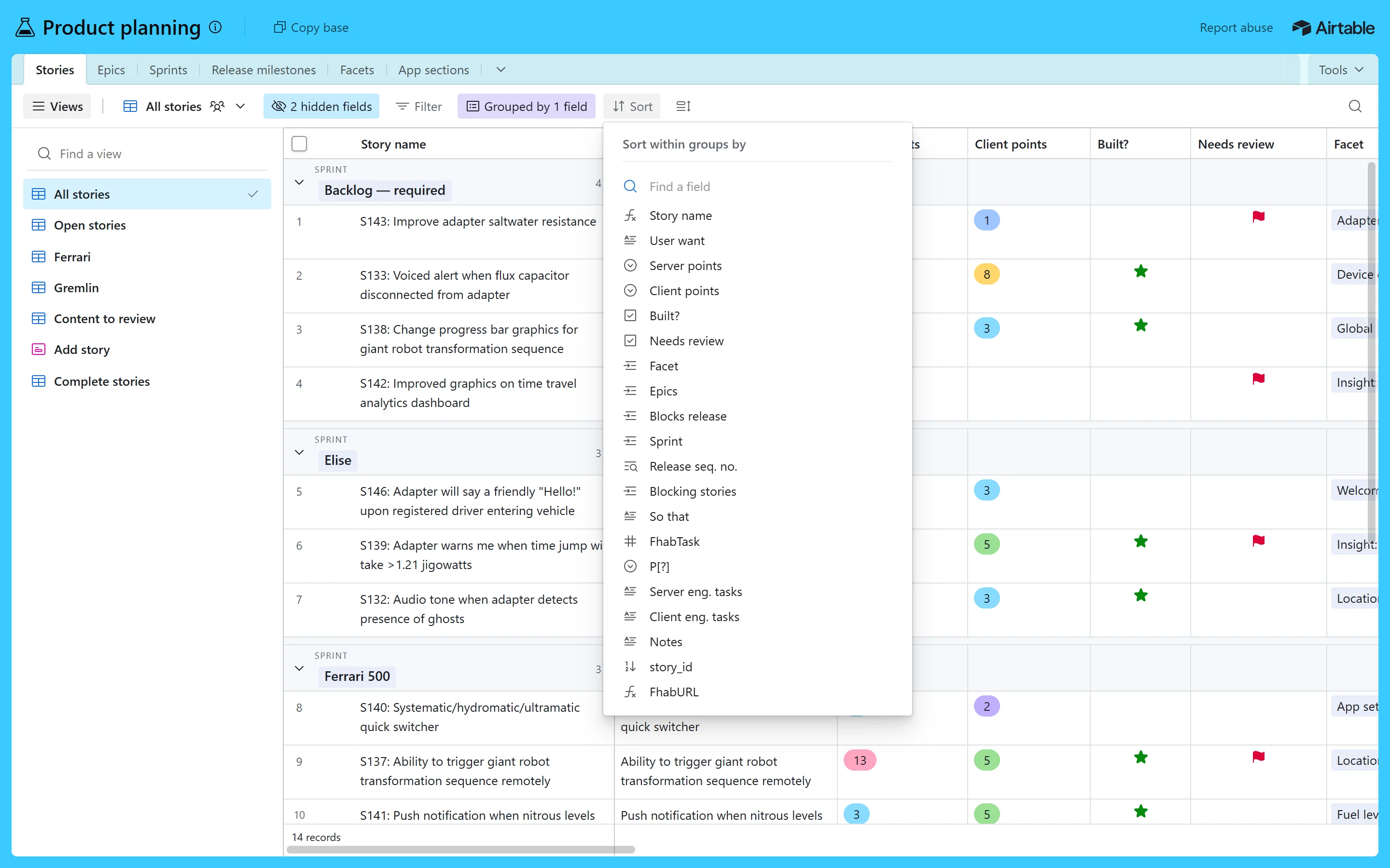 Live Airtable sort field picker