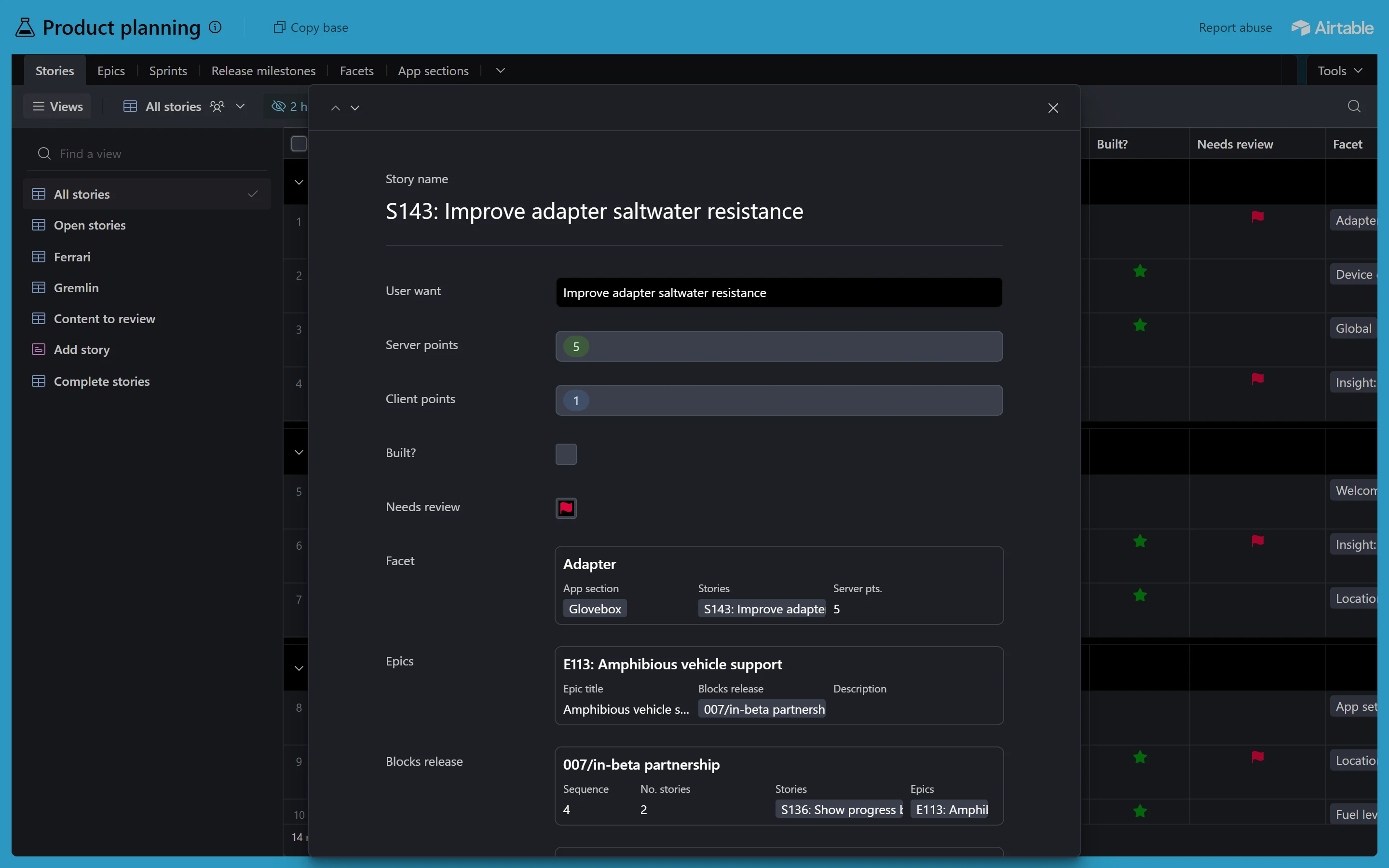Real Airtable expanded record in dark mode