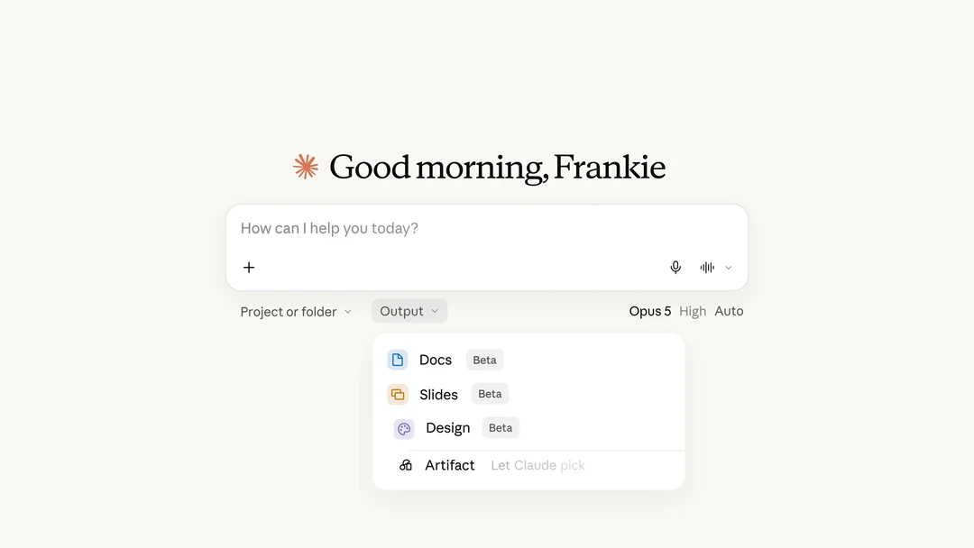 Original: claude.ai new chat with the Output menu open