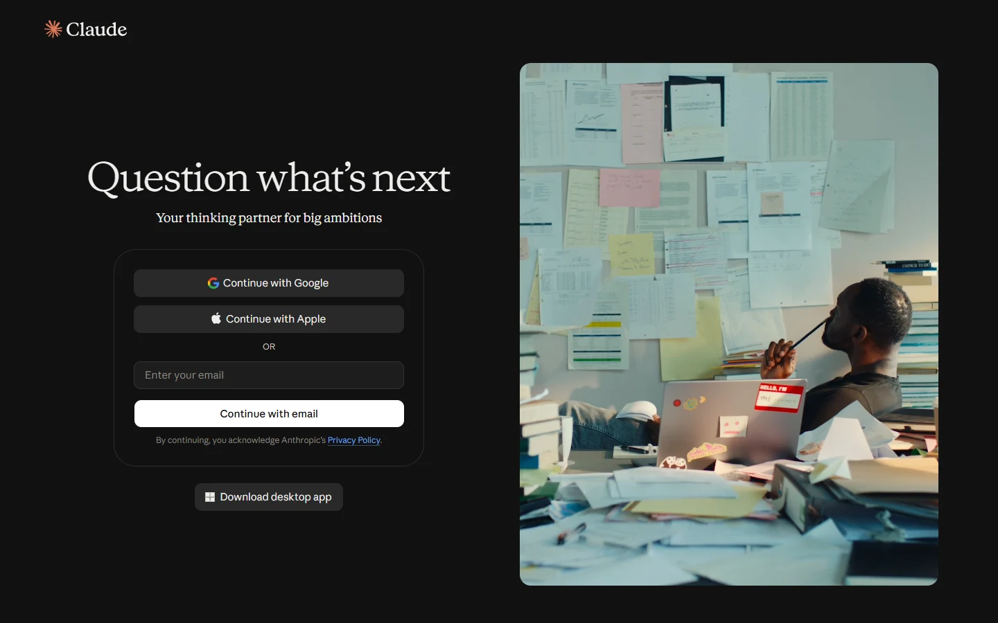 Real claude.ai sign-in page in dark mode