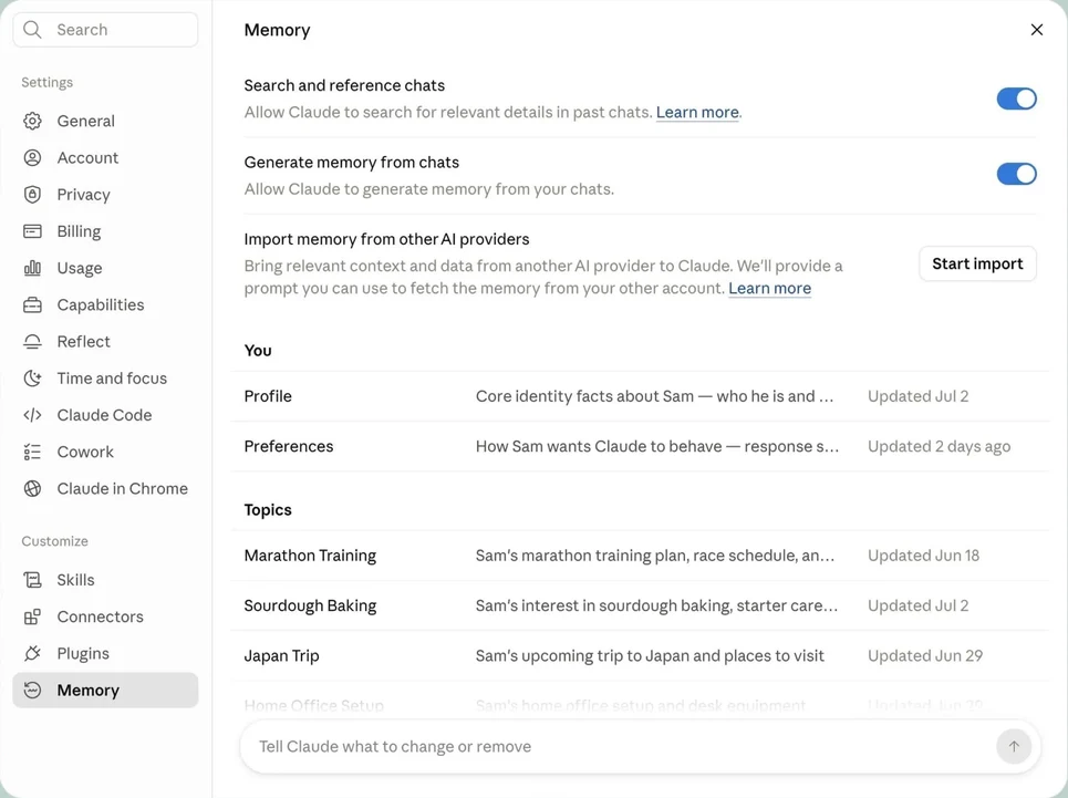 Original: Claude settings, Memory section