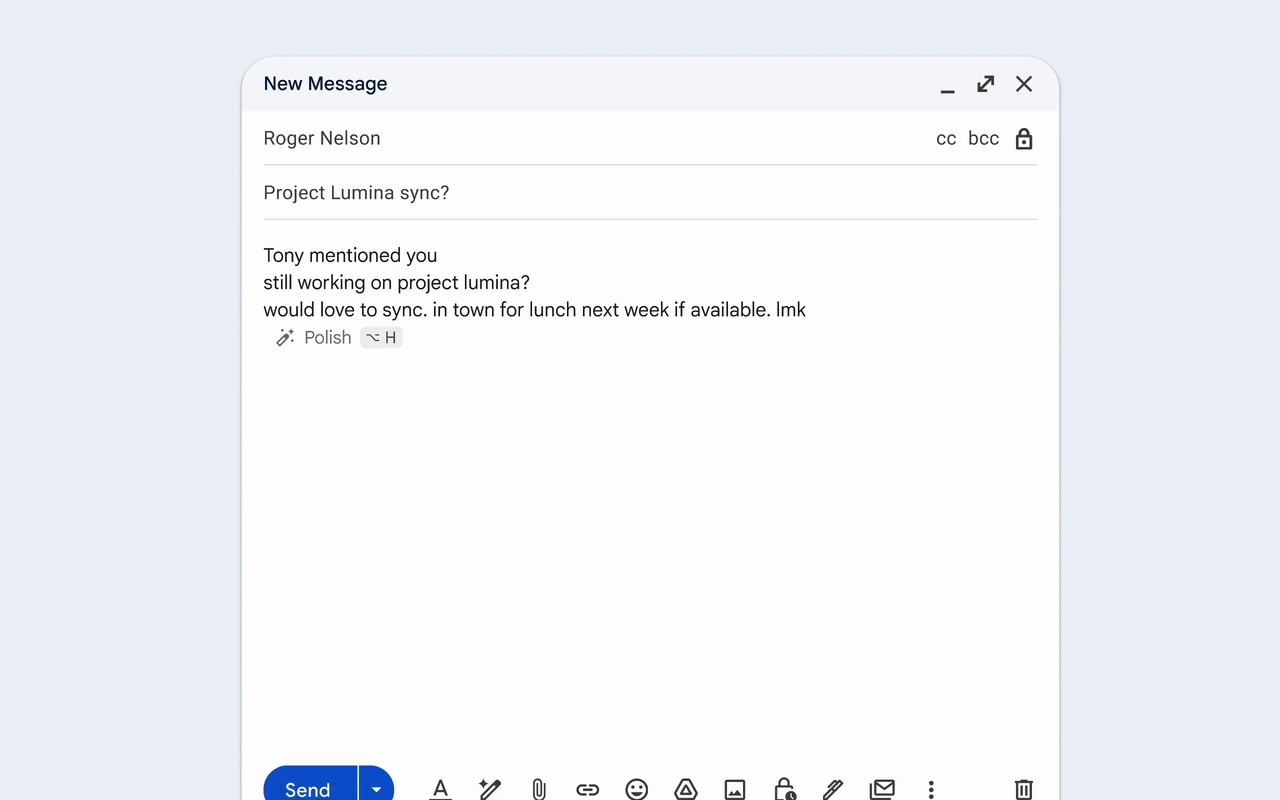 Original Gmail New Message window, close-up