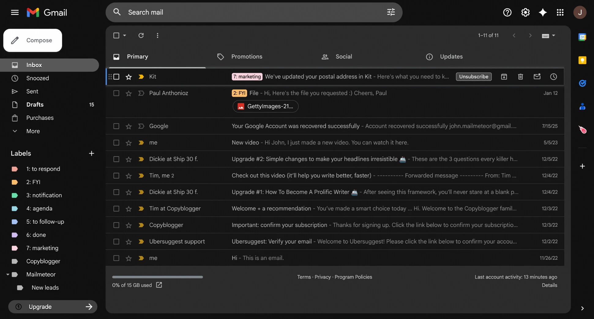 Original Gmail inbox, dark