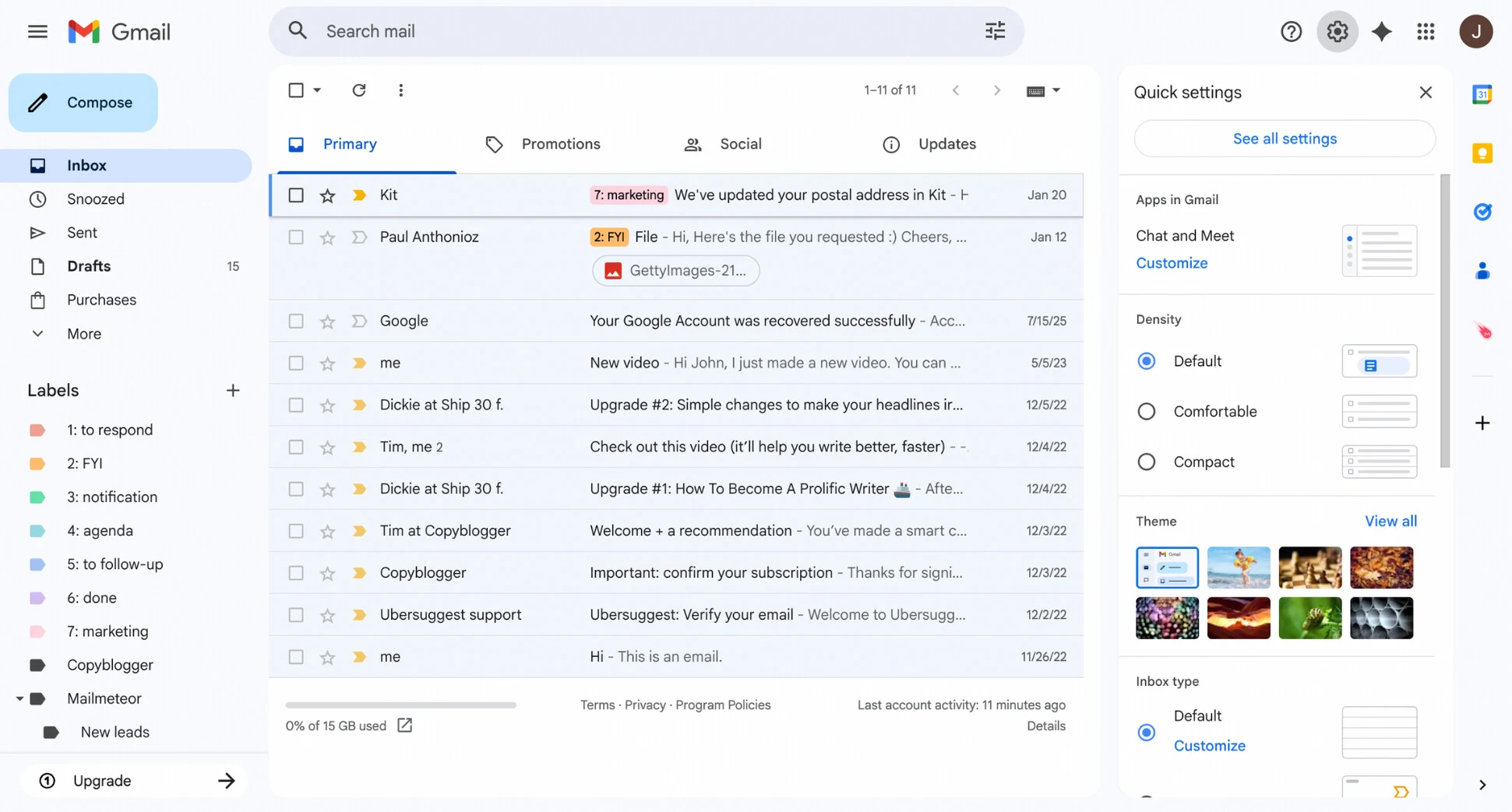 Original Gmail quick settings panel
