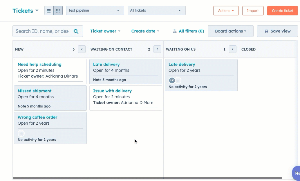 Original HubSpot recording frame: the tickets board
