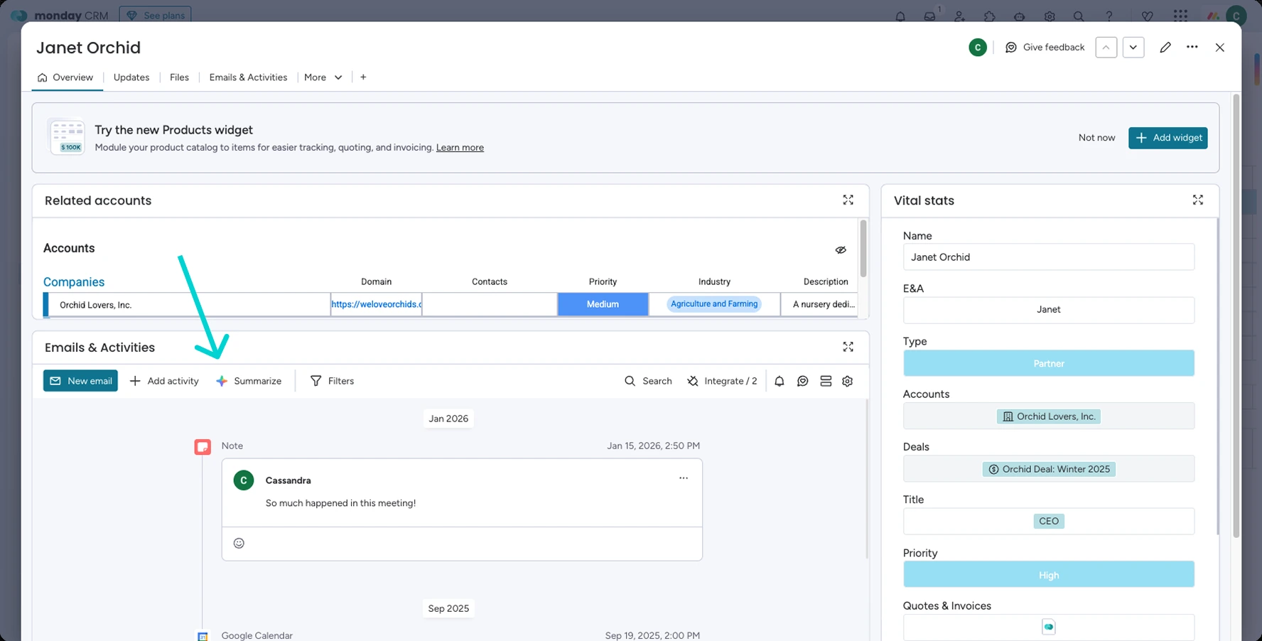 monday's own picture of a monday CRM contact card with Emails and Activities