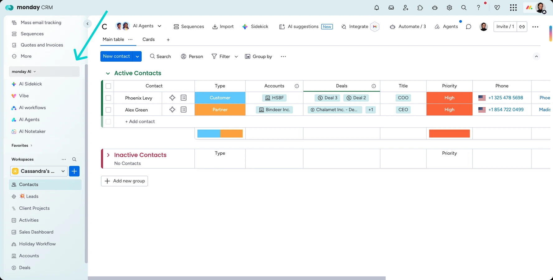 monday's own picture of the monday CRM Contacts board with the side menu