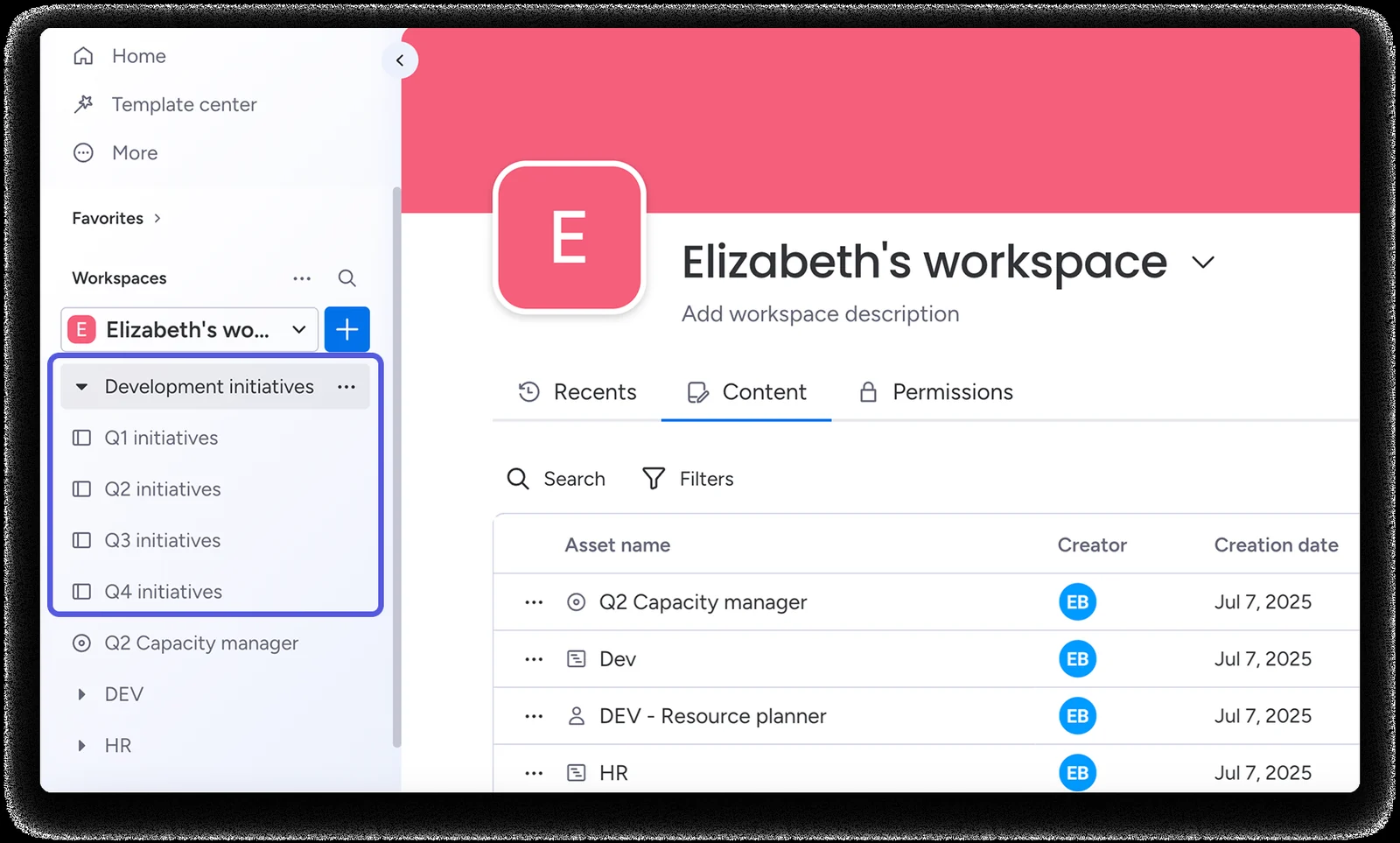 monday's own picture of the side menu with a workspace open