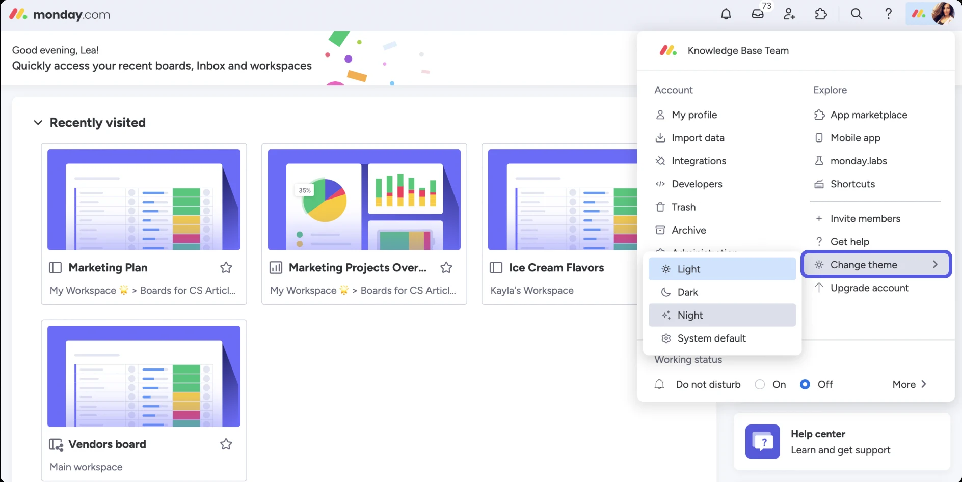monday's own picture of the Home page with the account menu and theme menu open