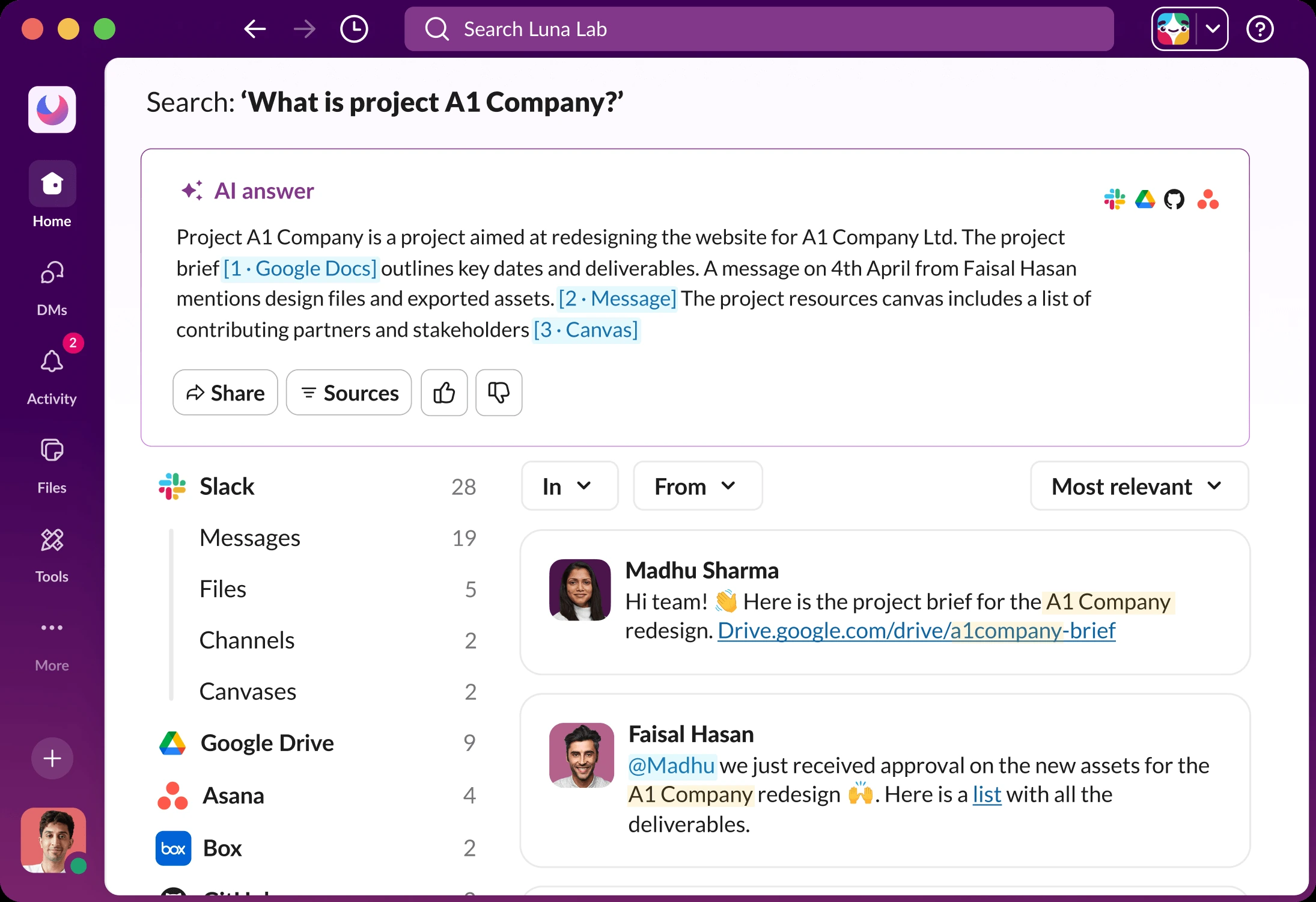 Slack's own picture of search with an AI answer