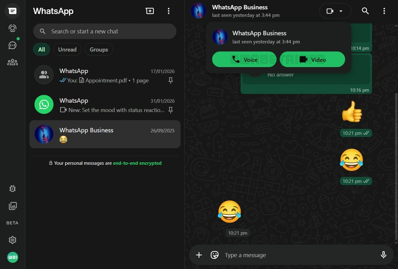 Original: WhatsApp Web dark with the call menu open