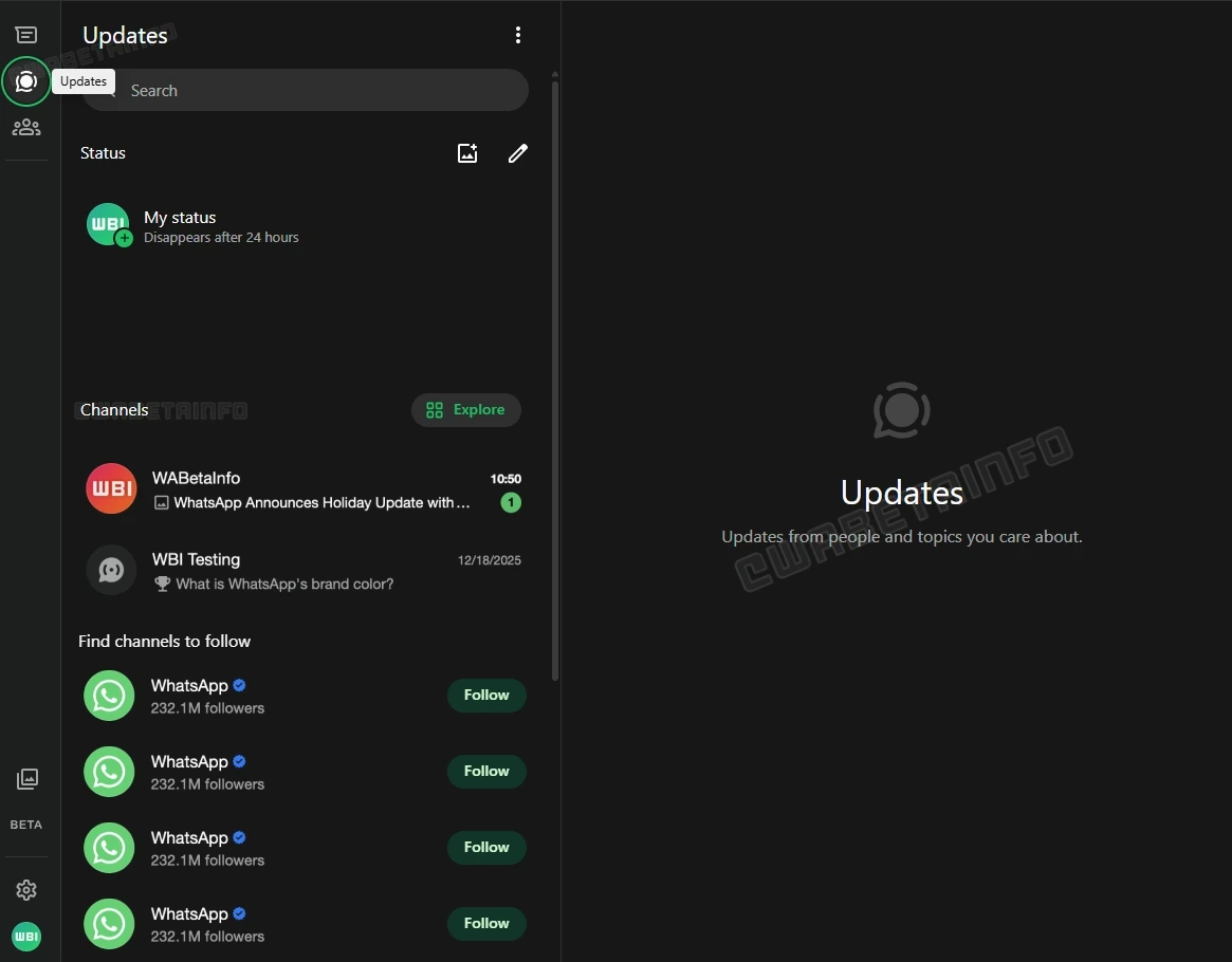 Original: WhatsApp Web Updates tab, dark