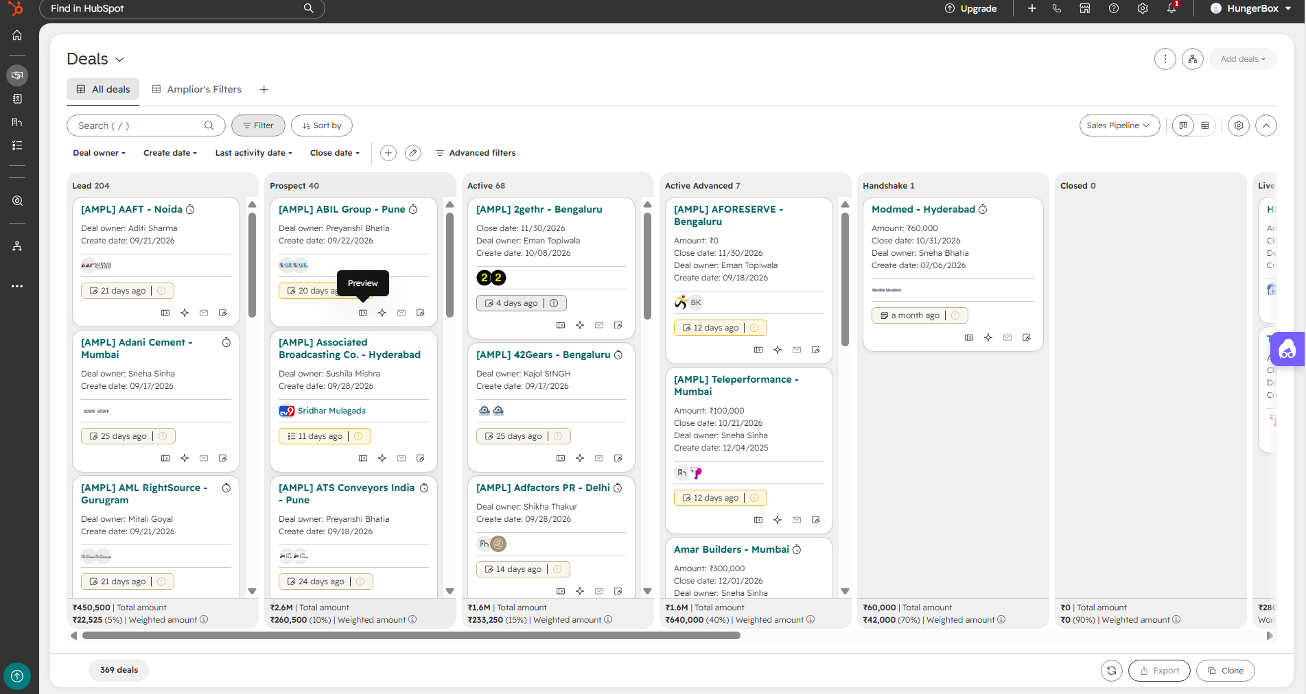 Your HubSpot beta screenshot of the redesigned deals board