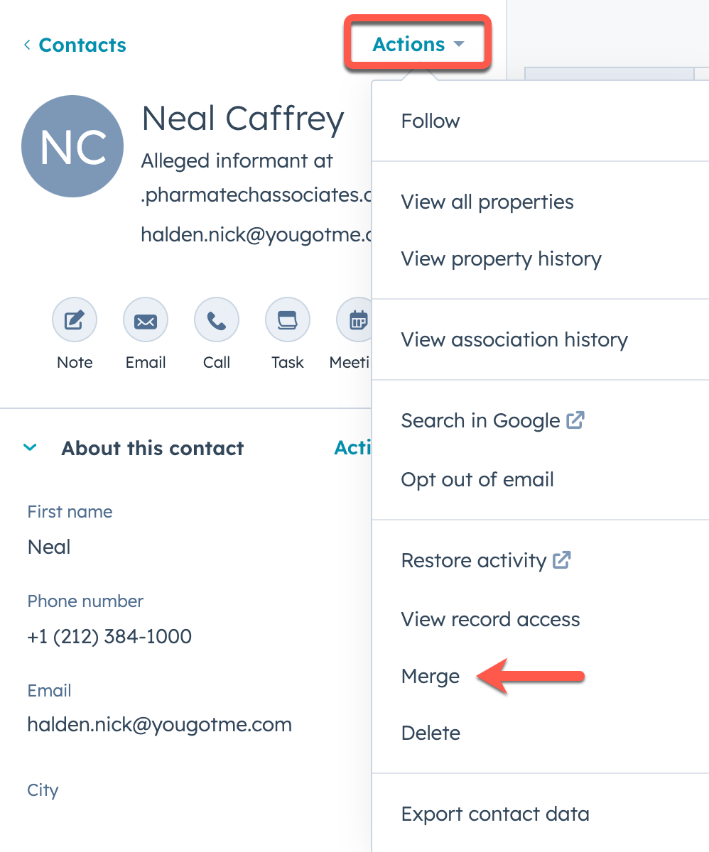 Original HubSpot screenshot: contact record with the Actions menu open