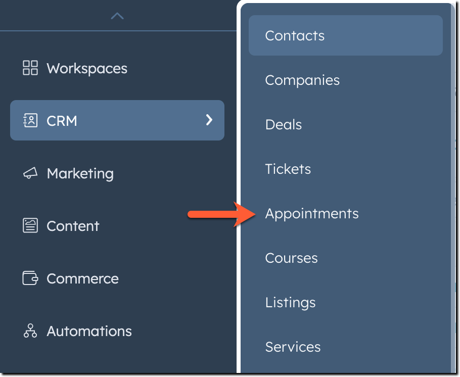Original HubSpot screenshot: left navigation with the CRM menu open