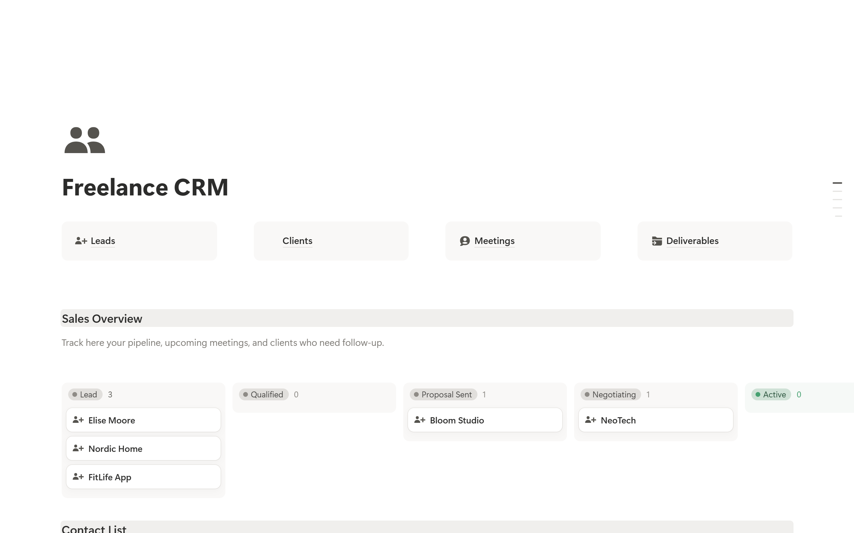 Live Notion page: Freelance CRM board
