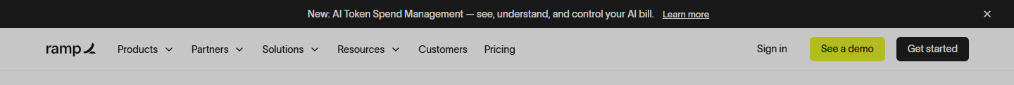 Ramp Navigation bar: New: AI Token Spend Management — see, un