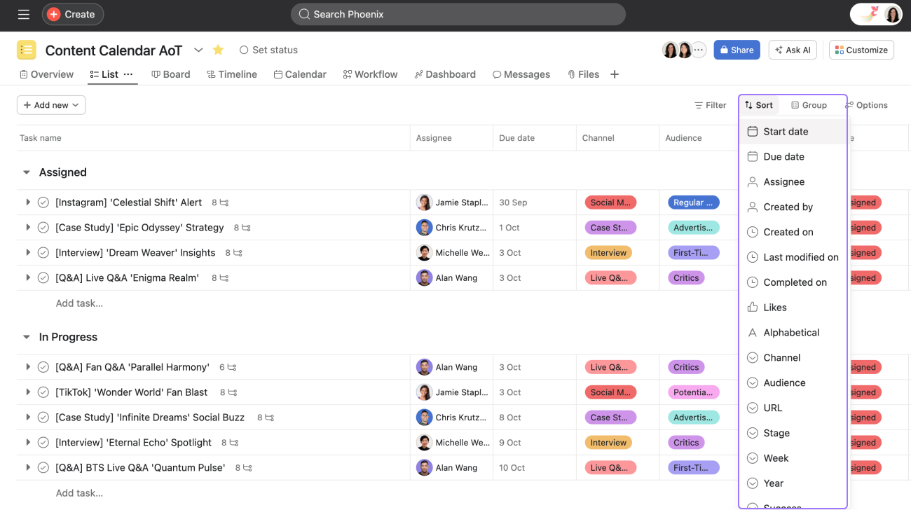 Asana product screen: List view