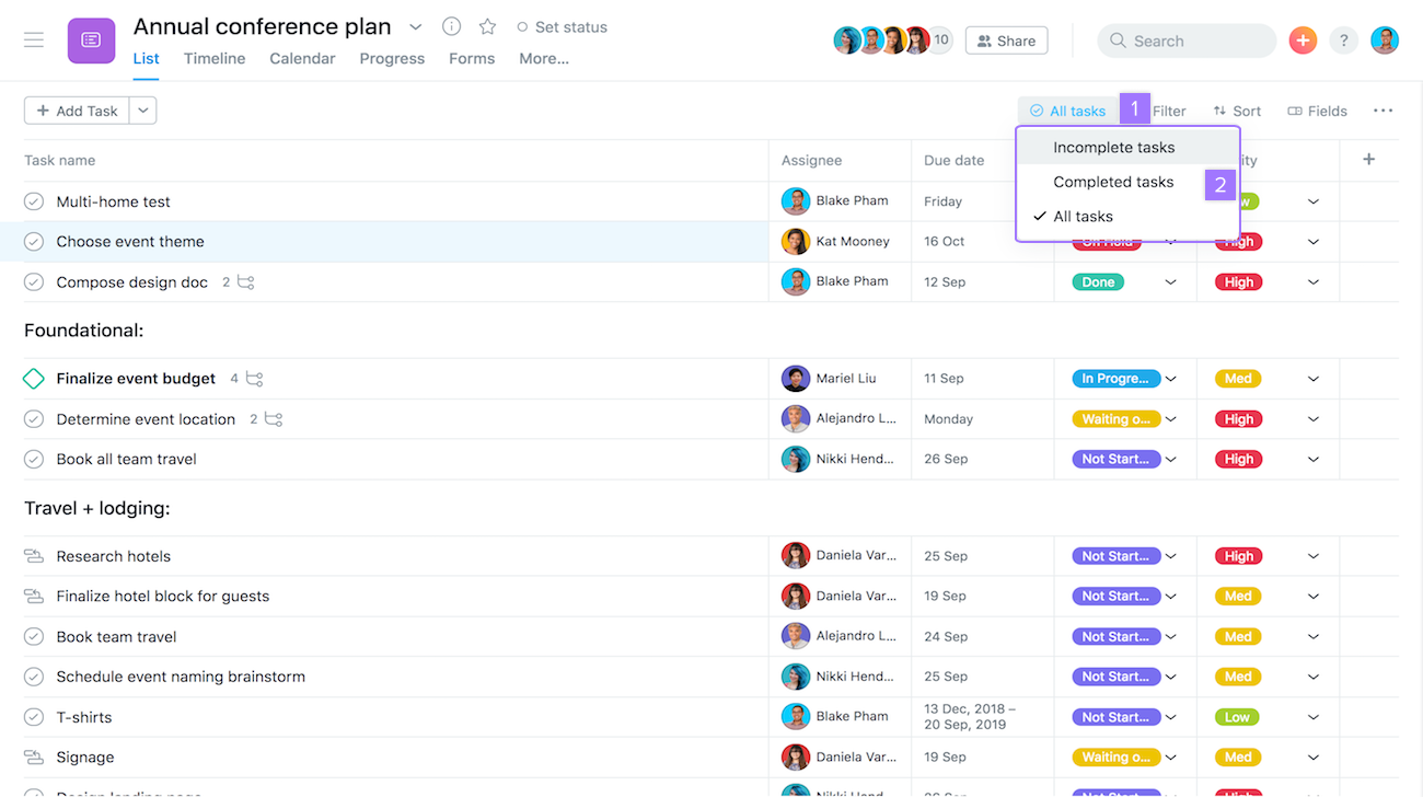 Asana product screen: Using Asana list layout | Product guide • Asana