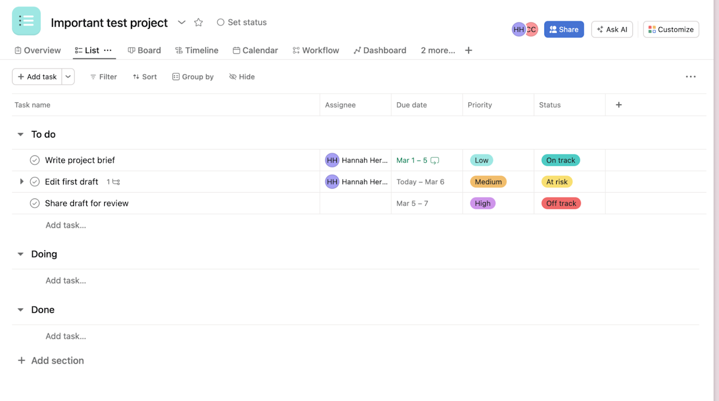 Asana product screen: 19 Asana features to start using right now | Zapier