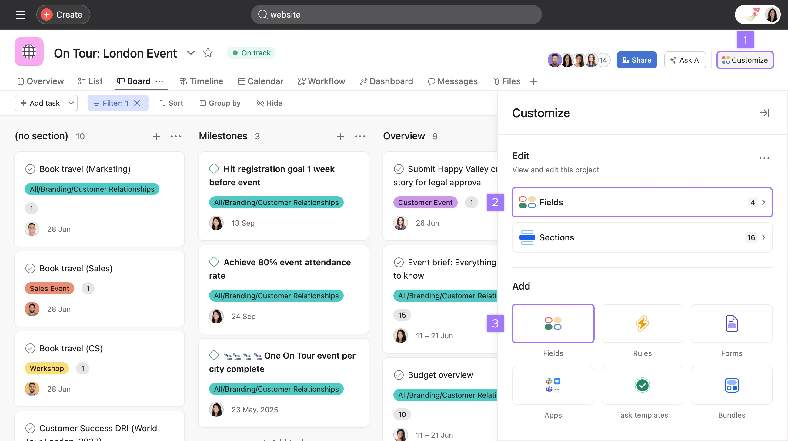 Asana product screen: ボードビュー