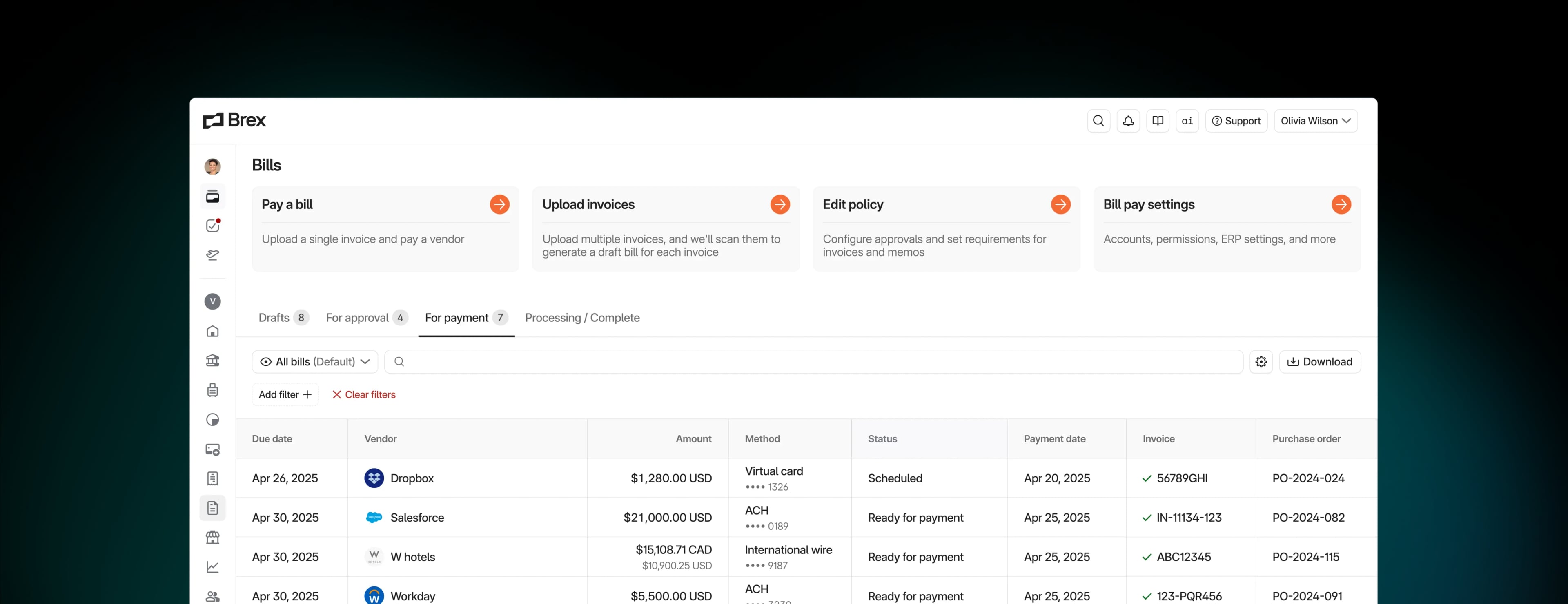 Brex product screen: Automated online bill payment software for businesses