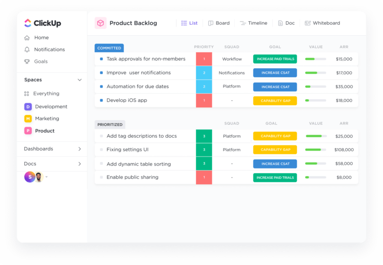 ClickUp product screen: ClickUp Changes the Game for Software Development Teams
