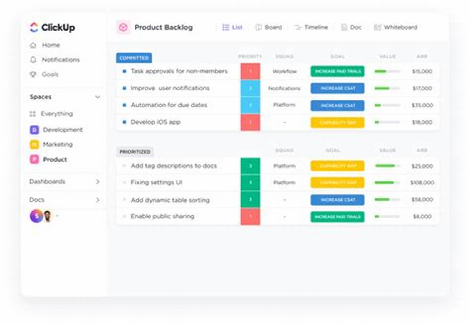 ClickUp product screen: 768 × 533