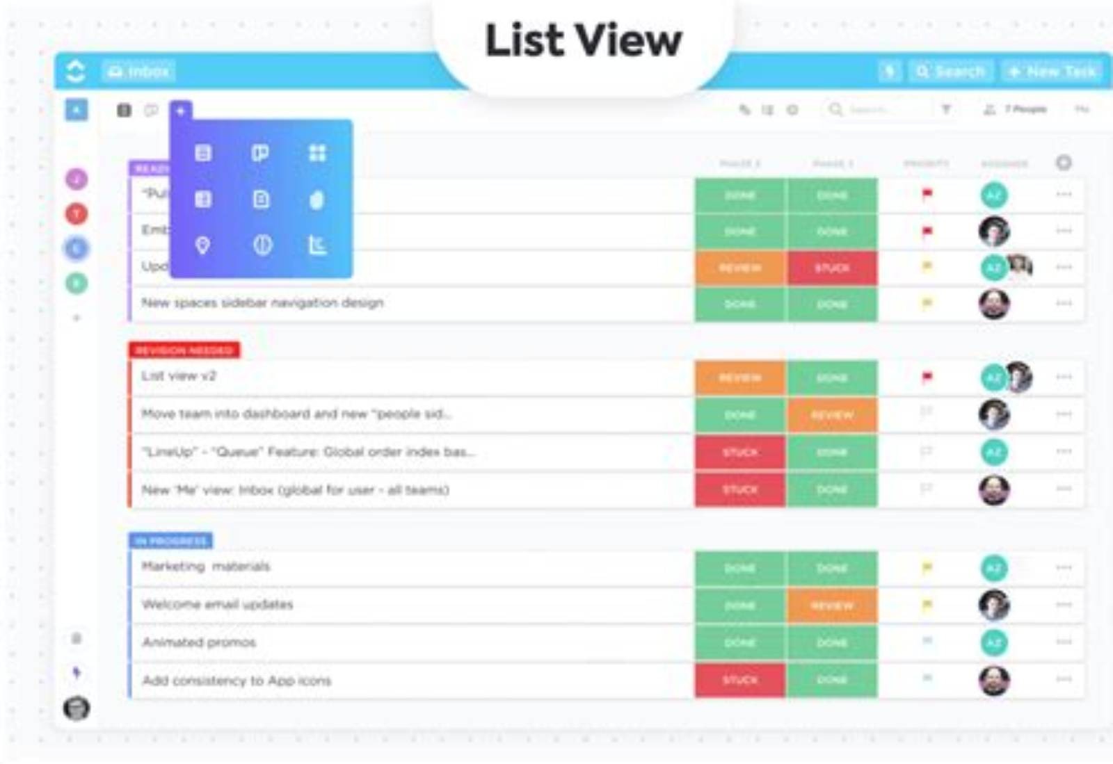 ClickUp product screen: 1400 × 926