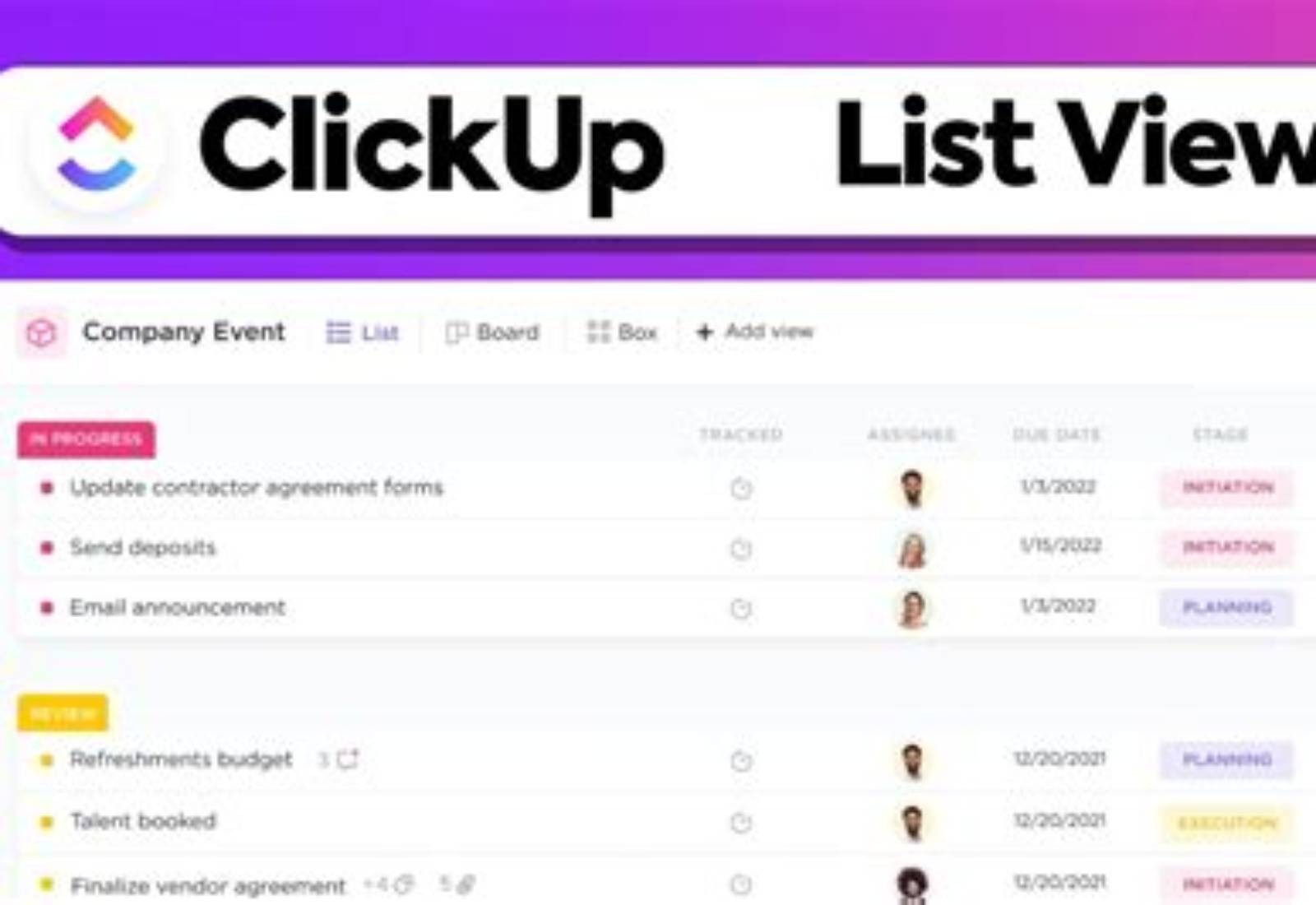 ClickUp product screen: 1280 × 720