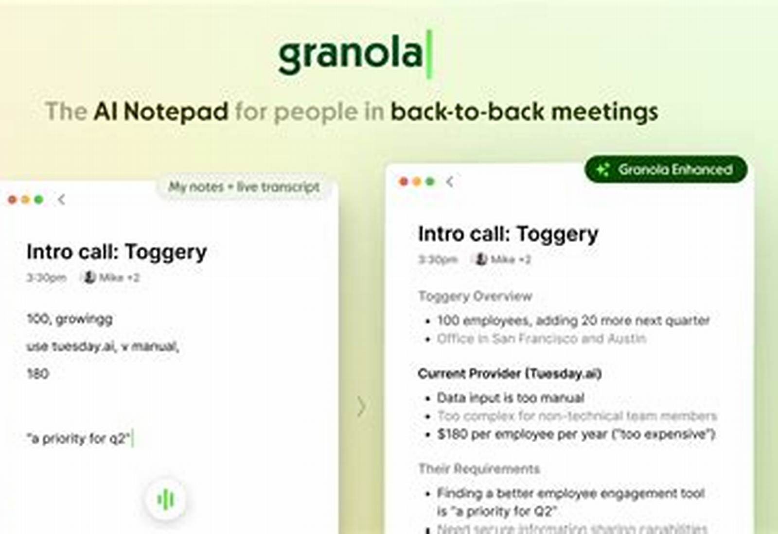 Granola product screen: 2400 × 1260