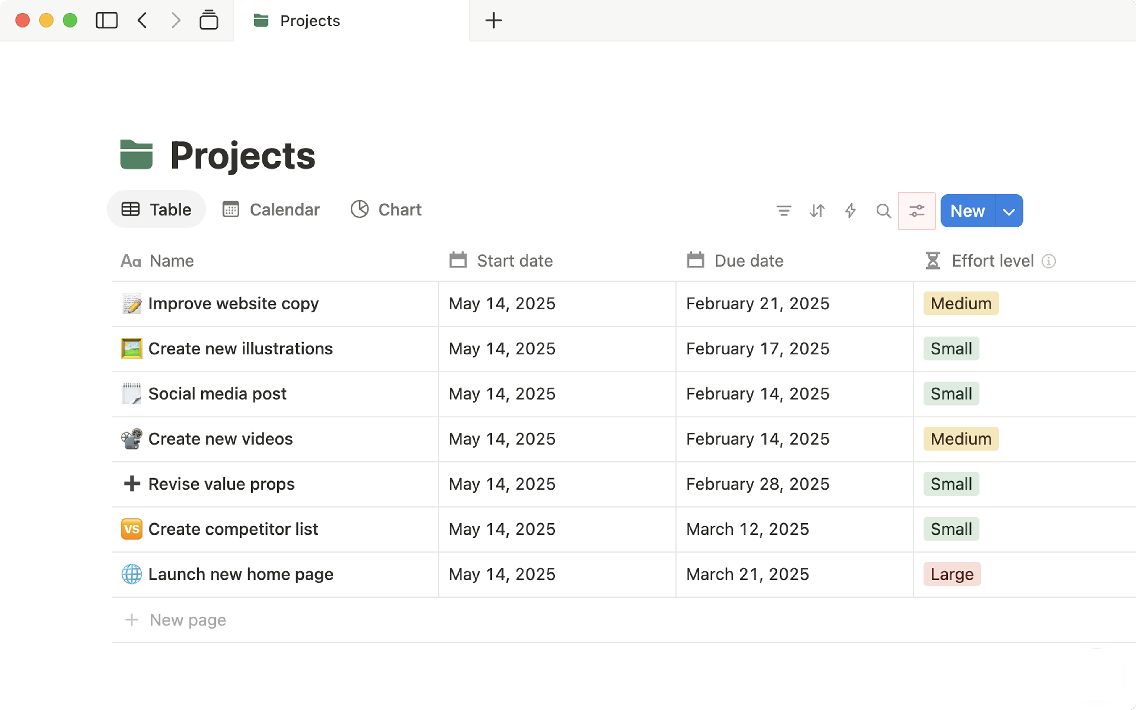 Real Notion screen: Projects database with table view