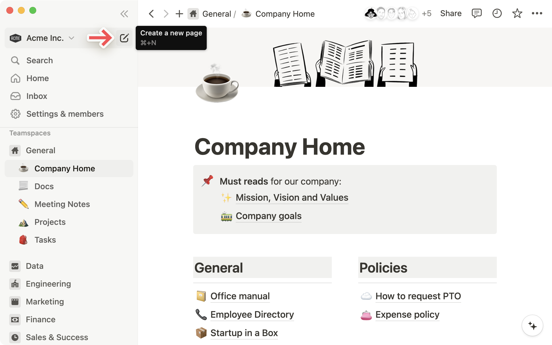 Real Notion screen: sidebar with teamspaces and the Company Home page